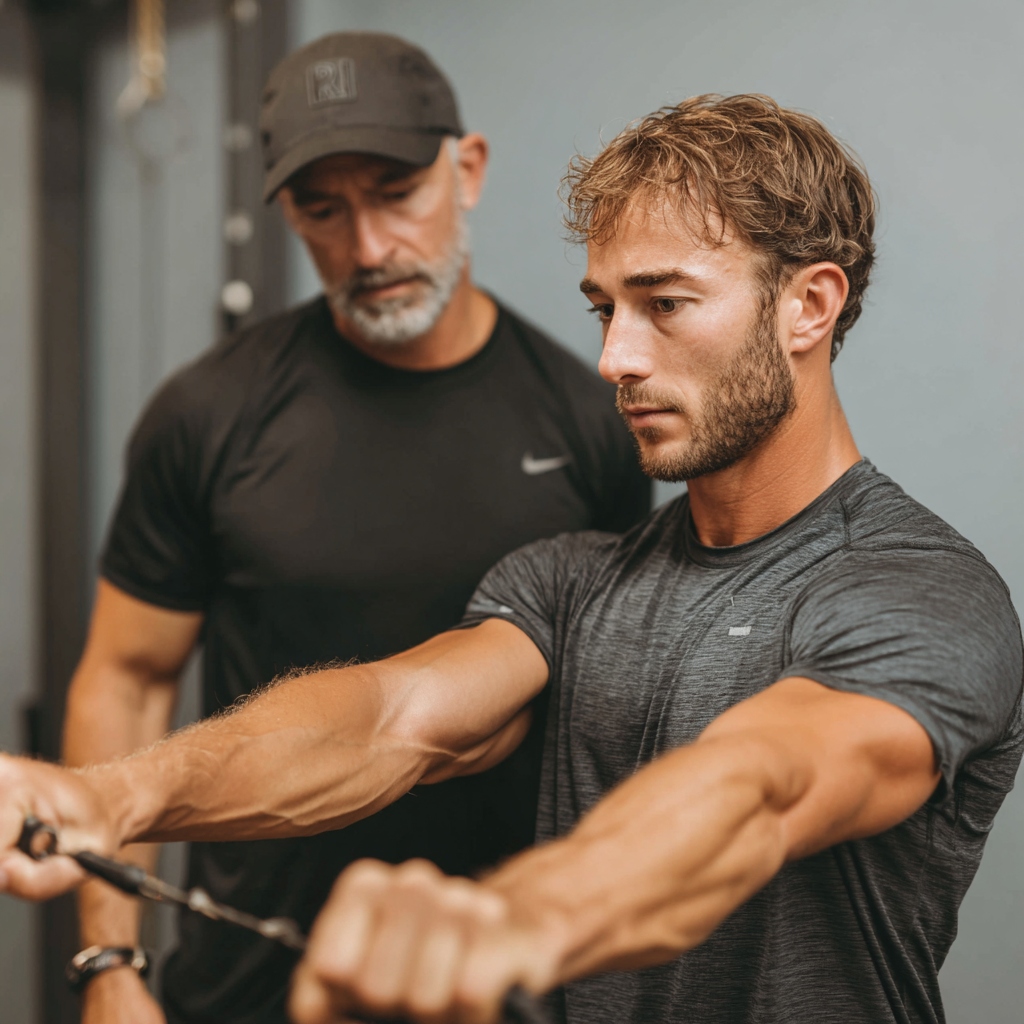 Professional male trainer demonstrating exercise technique with focus and precision