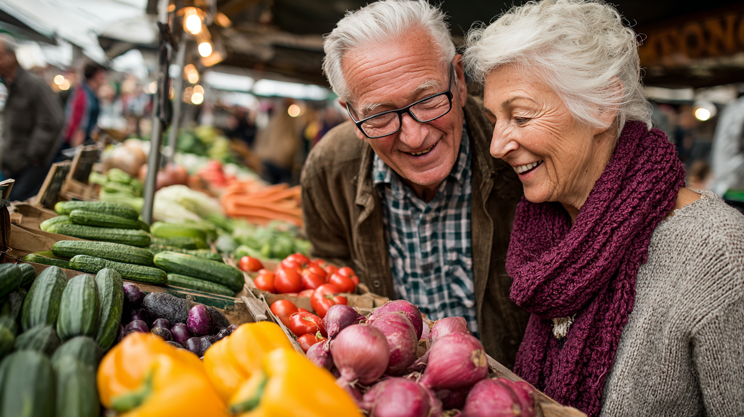 Щастлива възрастна двойка готви здравословна храна
